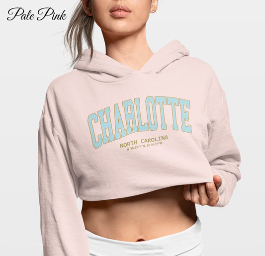 Vintage Charlotte Crop Top Hoodie, North Carolina Sweatshirt, Charlotte Vacation Gift, University Student Gift, Trendy Women Sweatshirt